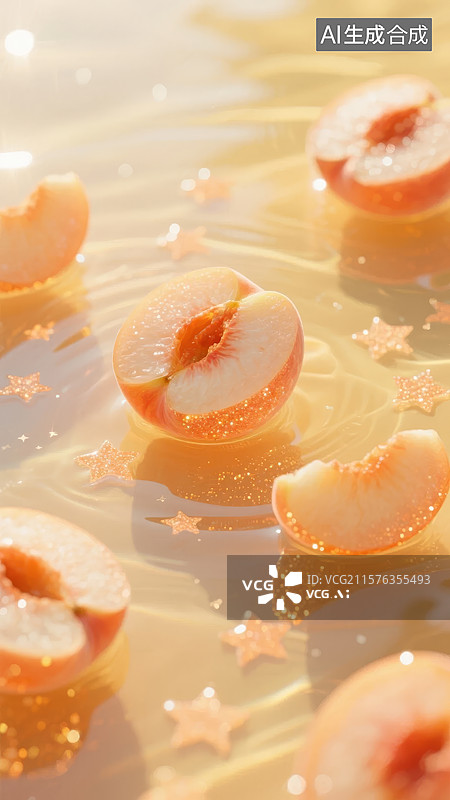 【AI数字艺术】桃片浸润金色液体，点缀星光图片素材
