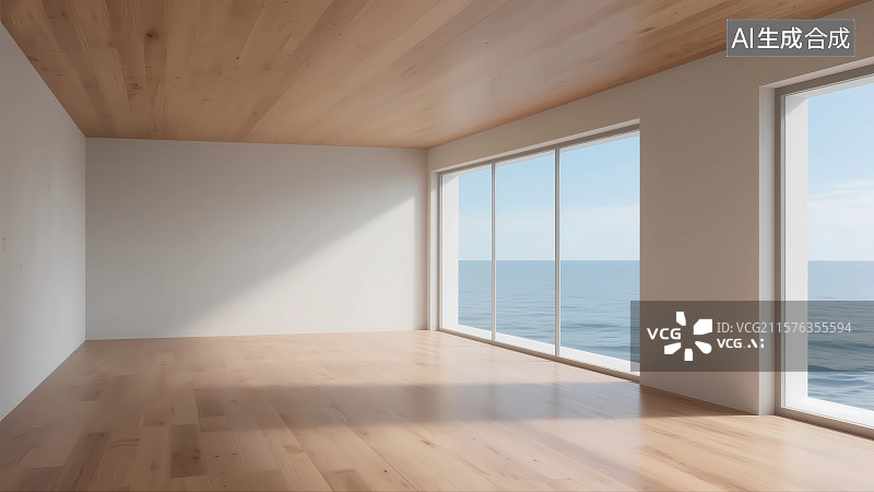 【AI数字艺术】带落地窗和铺木地板的住宅房间图片素材