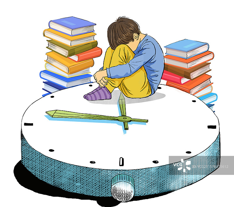 一个孩子坐在一个巨大的钟表上，周围是书堆，做作业或准备考试时压力很大图片素材