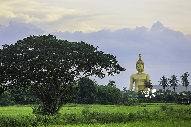 金色佛像下的田园风光泰国红统府图片素材