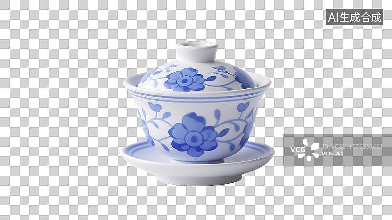【AI数字艺术】透明元素青花瓷盖碗茶具3D卡通插画创意抽象商业背景传统文化融合财务增长与文化传承杂志海报和书籍封面设图片素材