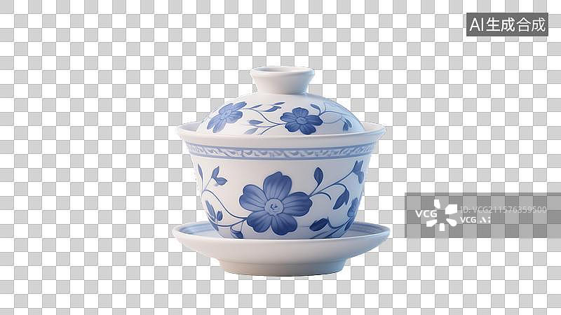 【AI数字艺术】透明元素青花瓷盖碗茶具3D卡通插画创意抽象商业背景传统文化融合财务增长与文化传承杂志海报和书籍封面设图片素材