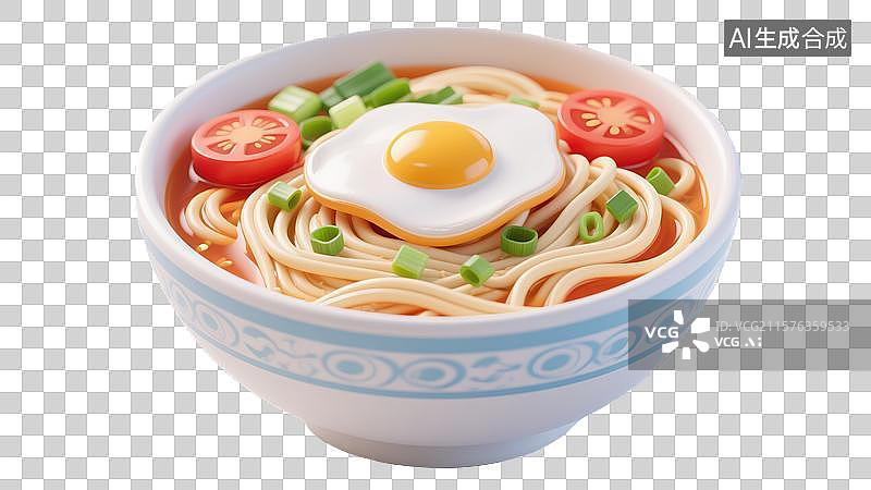 【AI数字艺术】清汤高汤特色挂面面条插画3D卡通风格的番茄鸡蛋面汤配葱花烹饪艺术杂志封面海报生活方式图片素材