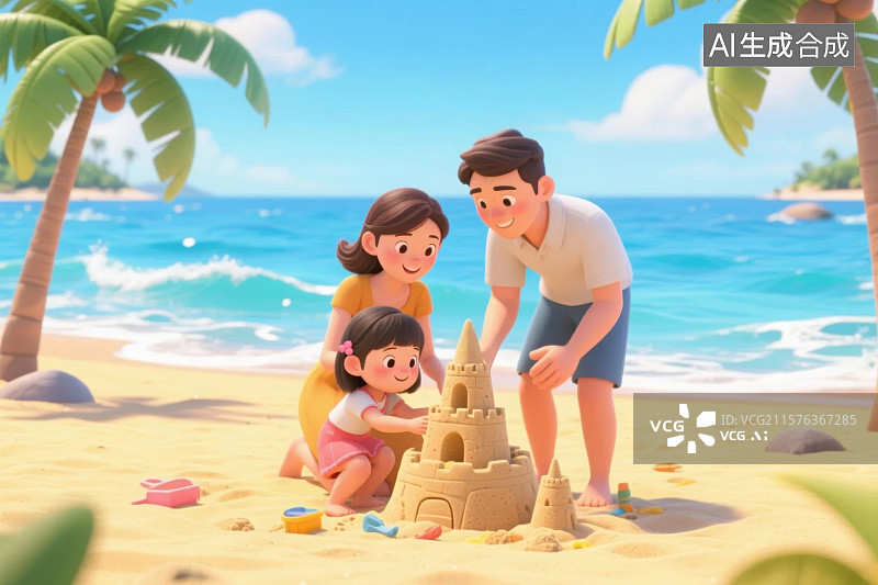 【AI数字艺术】一家三口，小女孩和爸爸妈妈在沙滩上堆沙堡，夏天海岛沙滩度假概念图片素材