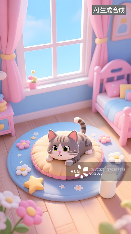 【AI数字艺术】3D在房间玩耍的可爱小猫图片素材