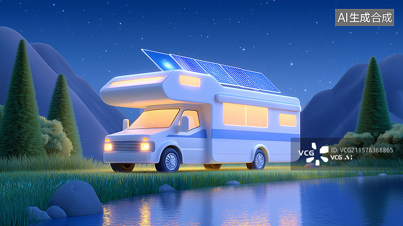 【AI数字艺术】太阳能房车户外插画图片素材