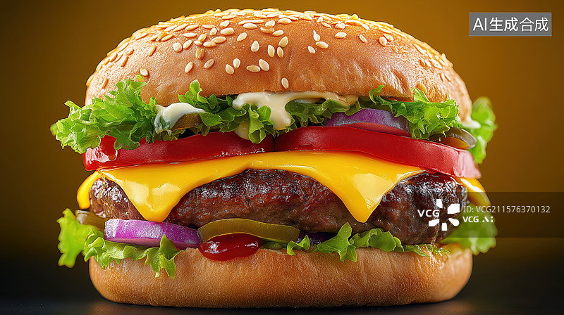 【AI数字艺术】美味芝士汉堡，新鲜蔬菜搭配图片素材