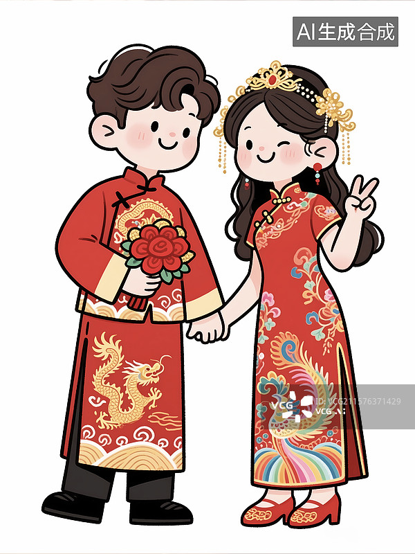 【AI数字艺术】中式婚礼插画新郎新娘手绘中式秀禾图片素材