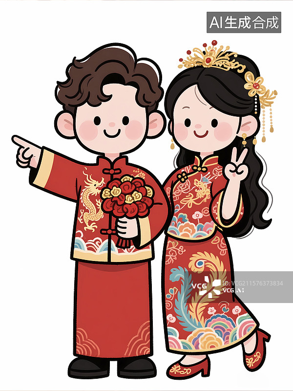 【AI数字艺术】中式婚礼插画新郎新娘手绘中式秀禾图片素材