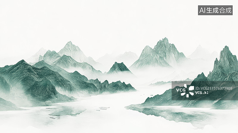 【AI数字艺术】绿色高山水墨插画图片素材