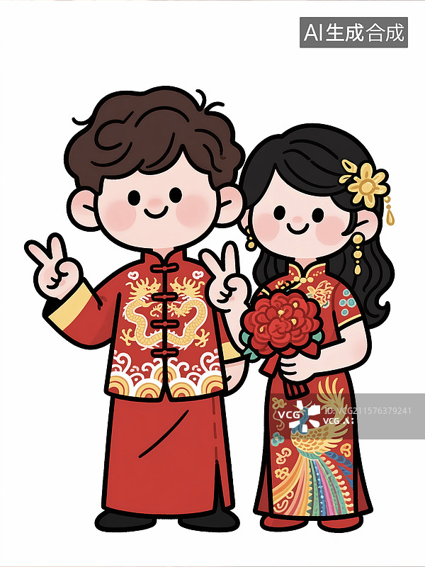 【AI数字艺术】中式婚礼插画新郎新娘手绘中式秀禾图片素材