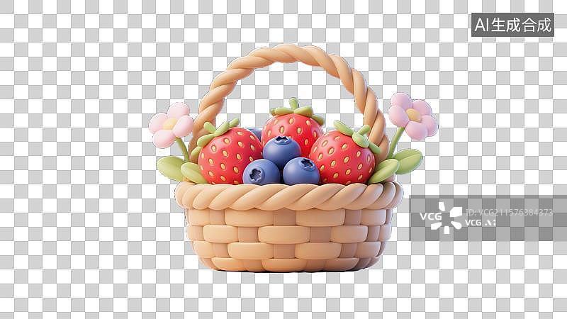 【AI数字艺术】花篮中新鲜有机浆果草莓蓝莓可持续三农业3D卡通插画白色背景创意商业杂志封面健康生活方式乡村振兴元素图片素材