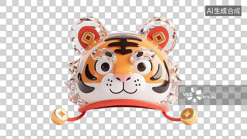 【AI数字艺术】喜庆3D水晶虎头帽白色背景上欢乐春节设计元素创意抽象商业新年生日礼物杂志封面可爱生活方式虎年插画图片素材
