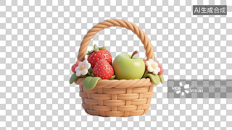 【AI数字艺术】花篮中新鲜有机浆果草莓苹果可持续三农业3D卡通插画白色背景创意商业杂志封面健康生活方式乡村振兴元素图片素材