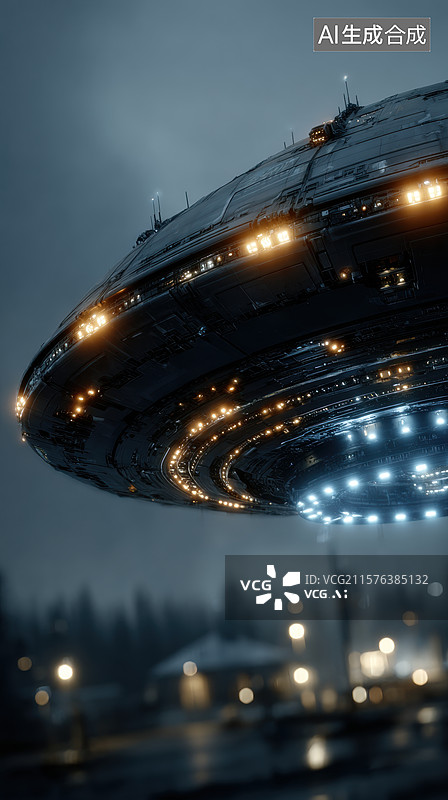 【AI数字艺术】夜空中悬浮的巨大飞碟图片素材