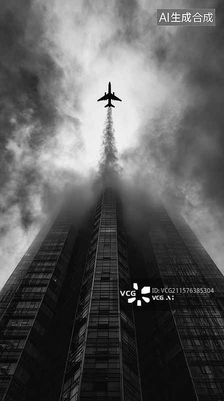 【AI数字艺术】高楼之上，飞机穿云而过图片素材