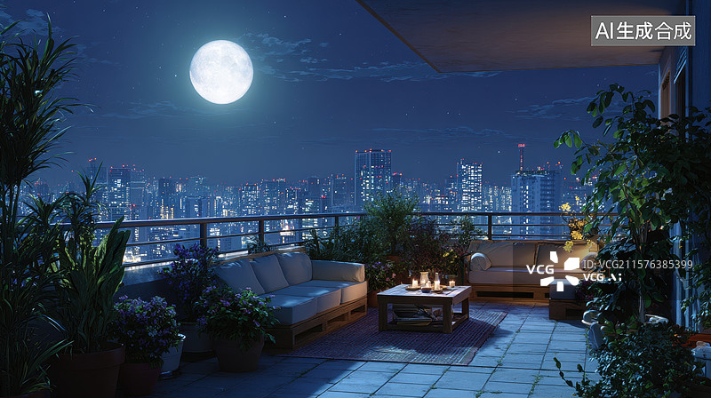 【AI数字艺术】夜景阳台，满月映照城市灯火图片素材