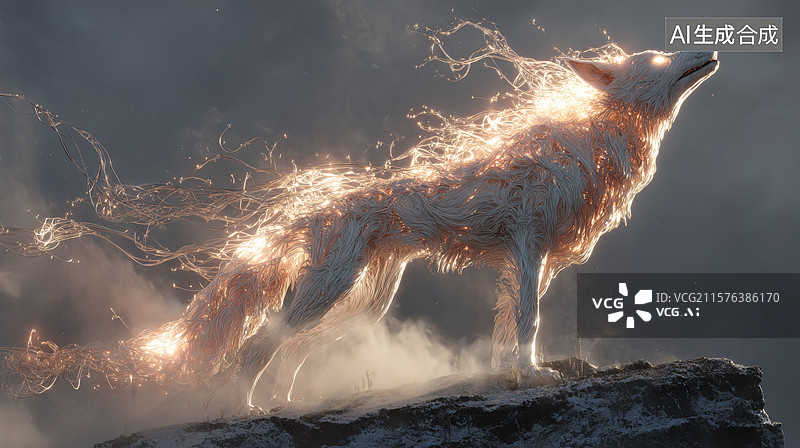 【AI数字艺术】光芒四射的狼在岩石上仰天长啸图片素材