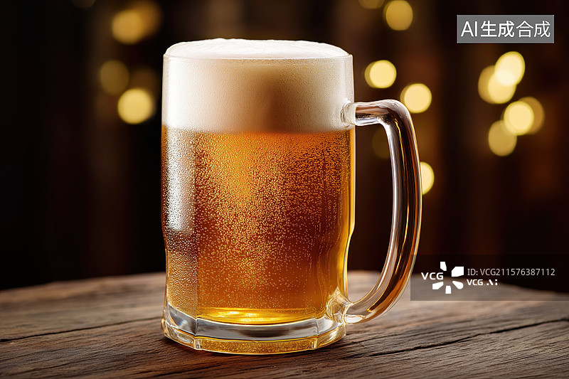 【AI数字艺术】泡沫啤酒在木质桌面上图片素材