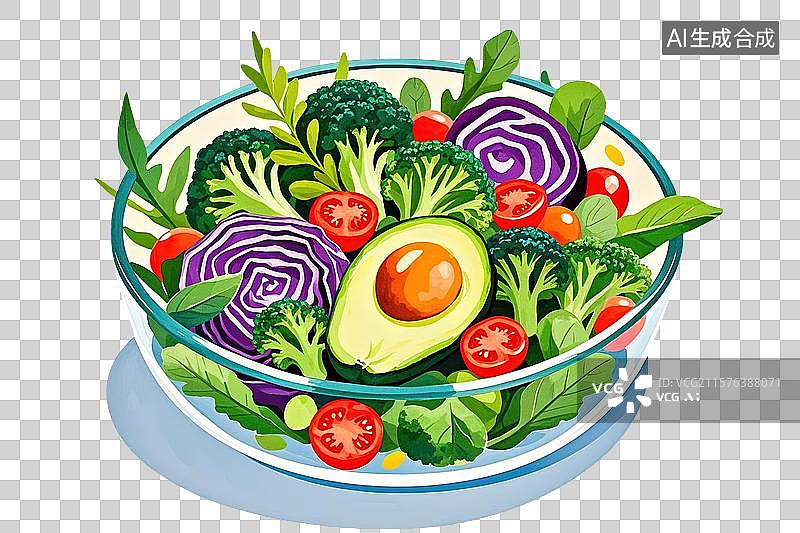 【AI数字艺术】卡通插画风格透明碗中蔬菜沙拉图图片素材