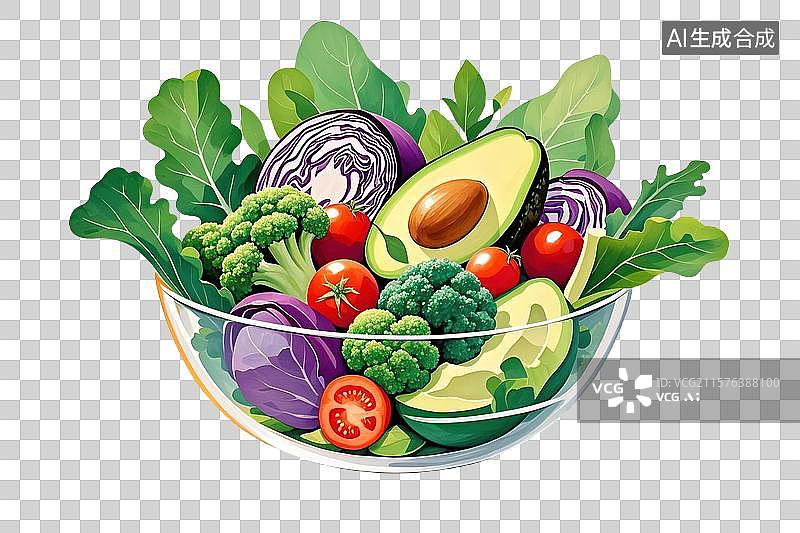【AI数字艺术】卡通插画风格透明碗中蔬菜沙拉图图片素材