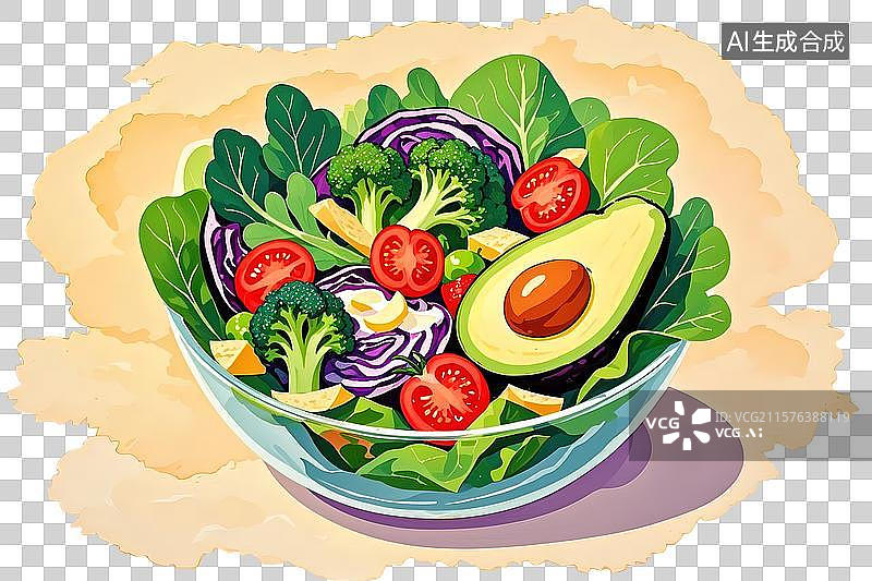 【AI数字艺术】卡通插画风格透明碗中蔬菜沙拉图图片素材
