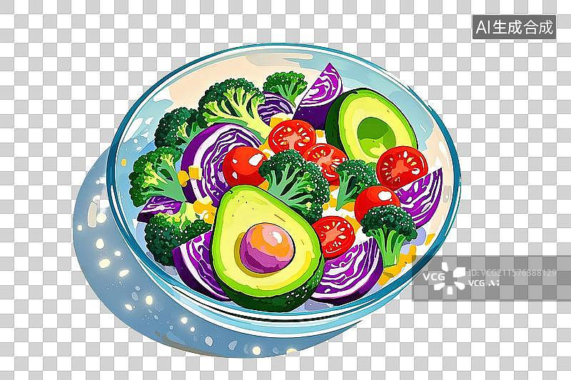 【AI数字艺术】卡通插画风格透明碗中蔬菜沙拉图图片素材