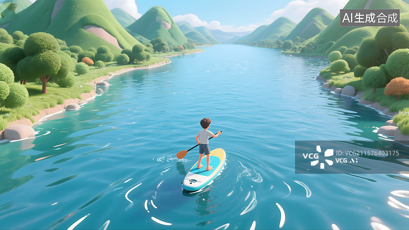 【AI数字艺术】湖光山色间的桨板少年图片素材