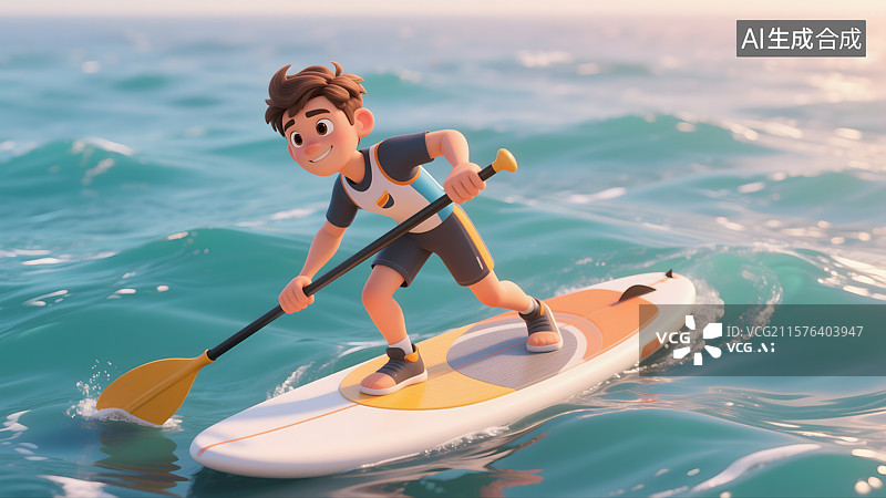 【AI数字艺术】湖光山色间的桨板少年图片素材