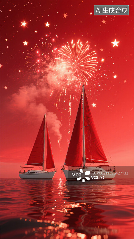 【AI数字艺术】3D帆船红色喜庆新年国庆建军节党务商务科技风格背景图片素材