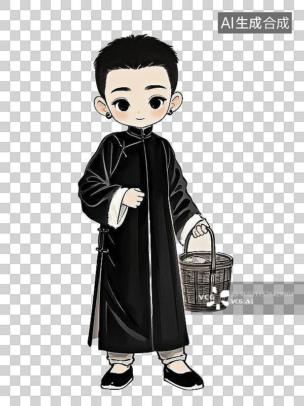 【AI数字艺术】民国市井q版卡通人物水墨插画角色设计图片素材