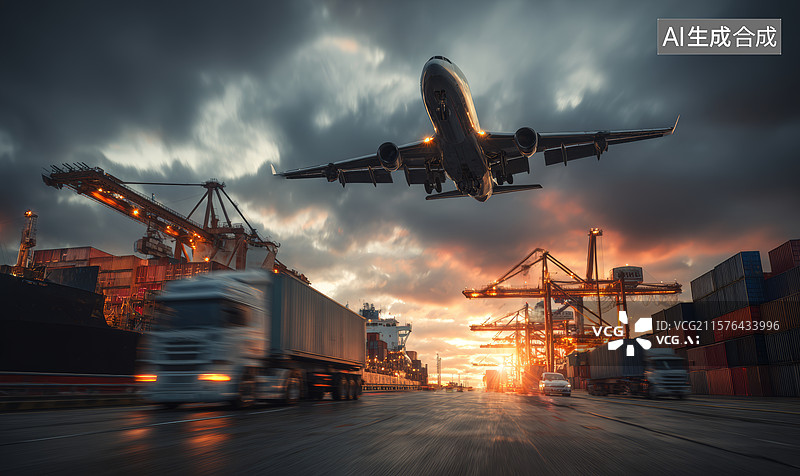【AI数字艺术】黄昏港口飞行图片素材
