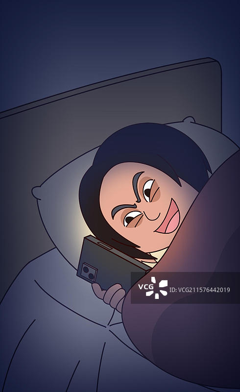 现代年轻人的生活方式熬夜看剧刷手机上网浏览伤身体失眠困倦睡眠插画图片素材