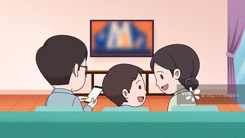 一家三口温馨生活方式宅家里客厅一起看电视生活方式趣味插画图片素材