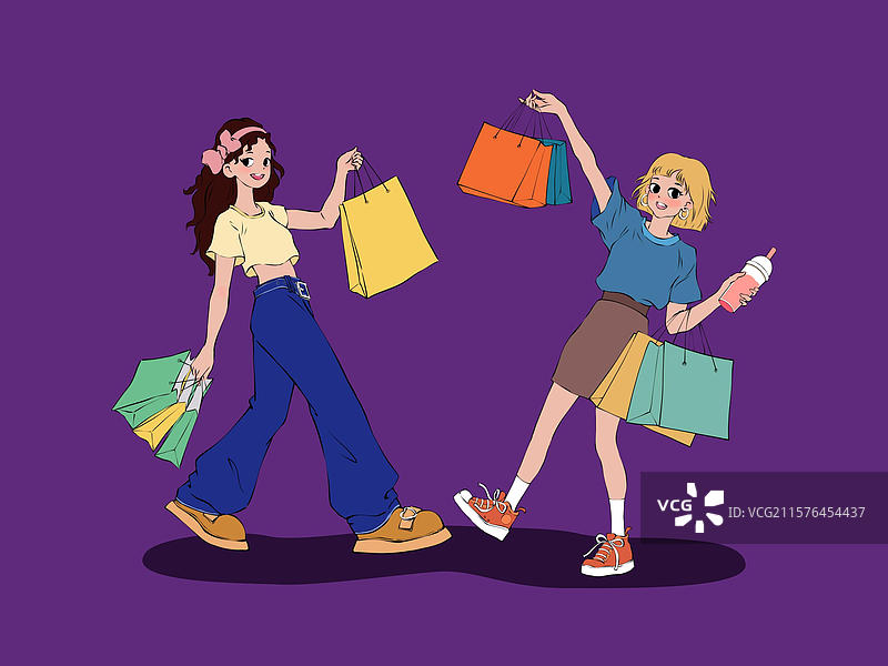 购物，逛街，闺蜜，朋友，情侣，购物车，插画。图片素材