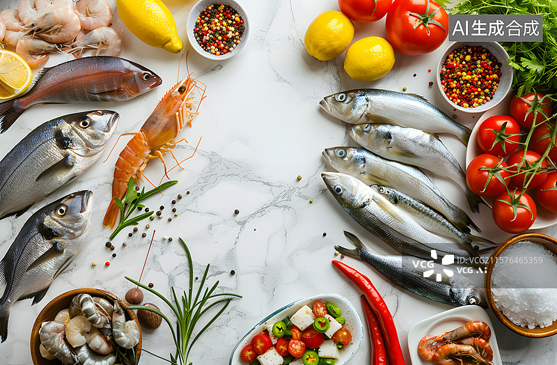 【AI数字艺术】白色背景上的各种海鲜食材图片素材
