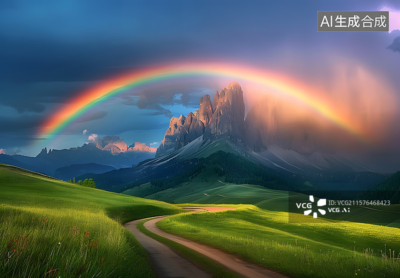 【AI数字艺术】彩虹下的高山和草原图片素材