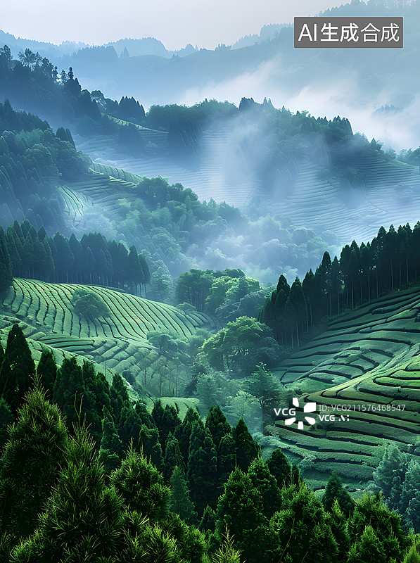 【AI数字艺术】浓雾中的茶山图片素材