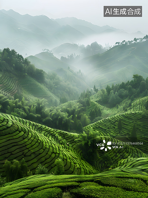 【AI数字艺术】浓雾中的茶山图片素材