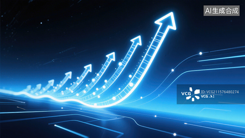 【AI数字艺术】蓝色背景下的蓝白色发光箭头，金融科技向上上涨箭头图标股票股市金融经济增长概念插画背景图片素材