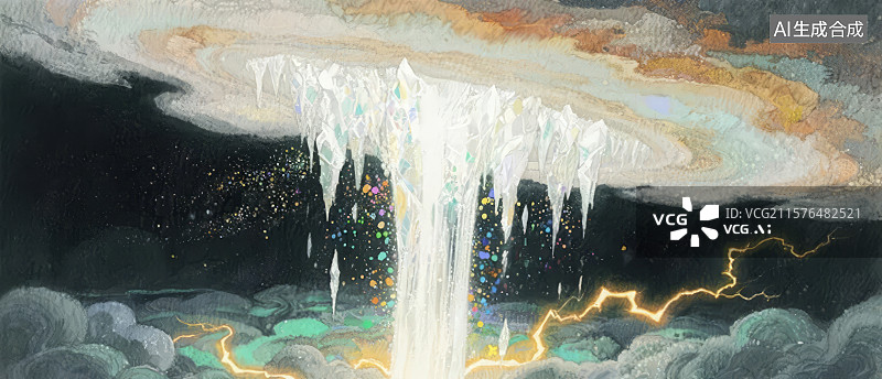 【AI数字艺术】星空下的冰瀑与闪电图片素材