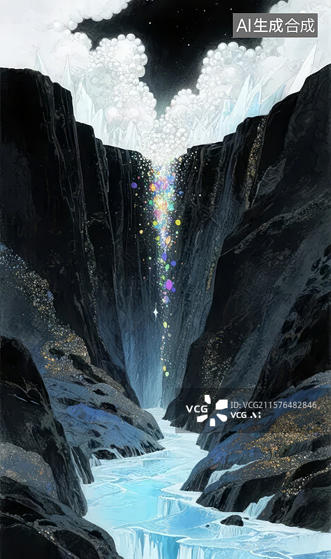 【AI数字艺术】峡谷夜景，星光瀑布图片素材