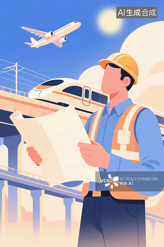 【AI数字艺术】建筑师工程师基建建造业工业建筑业飞机高铁设计师图纸安全帽体力工人国际劳动节图片素材