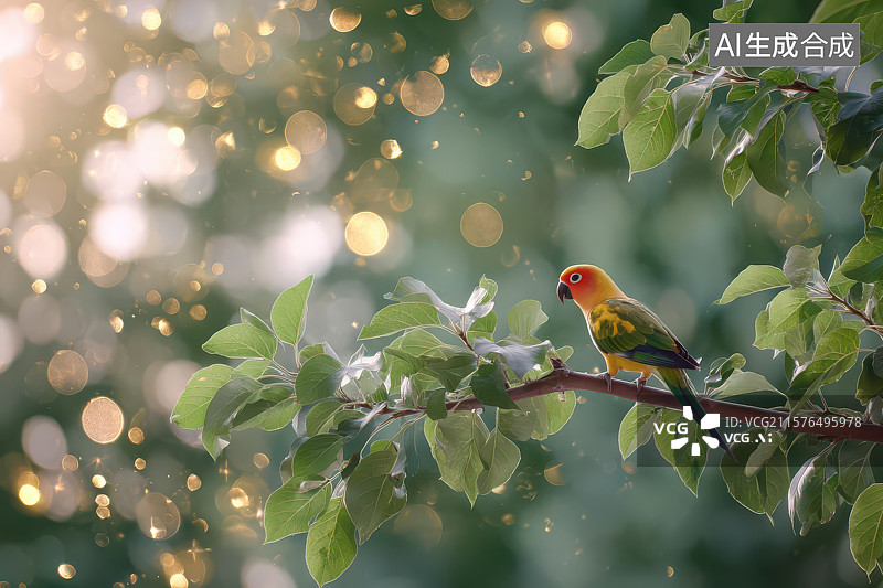 【AI数字艺术】枝头小鸟与自然光斑生态图图片素材