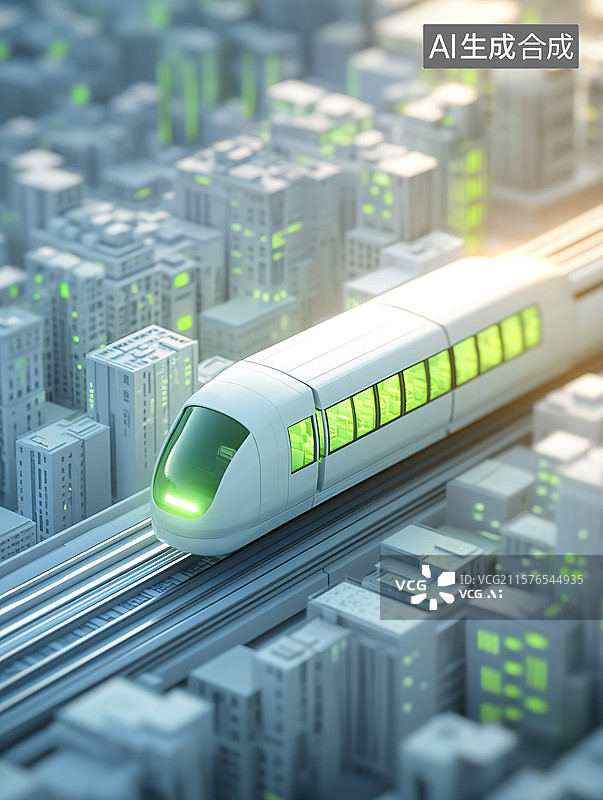 【AI数字艺术】2.5D卡通风格城市中穿梭的快速列车图片素材