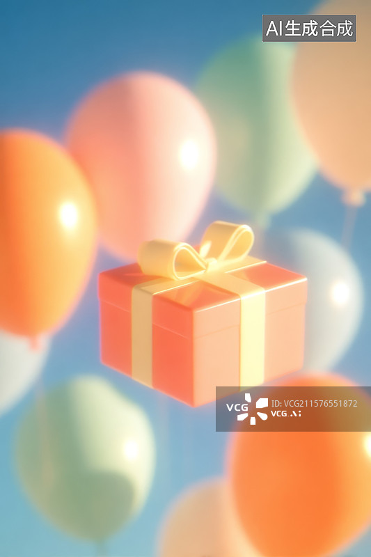 【AI数字艺术】彩色气球环绕的礼物盒图片素材