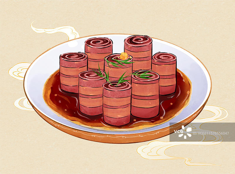 九转大肠培根肉卷特色美食手绘风格插画图片素材