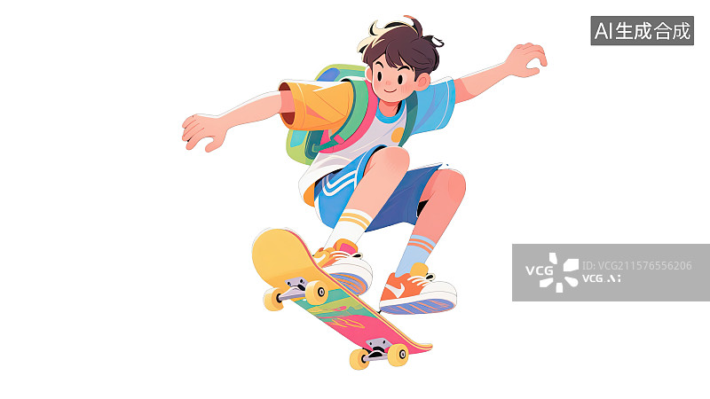 【AI数字艺术】男孩，滑板，运动，书包，白色背景图片素材