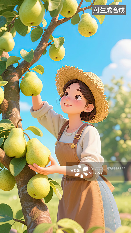 【AI数字艺术】3D，女孩，摘梨，丰收，插画图片素材