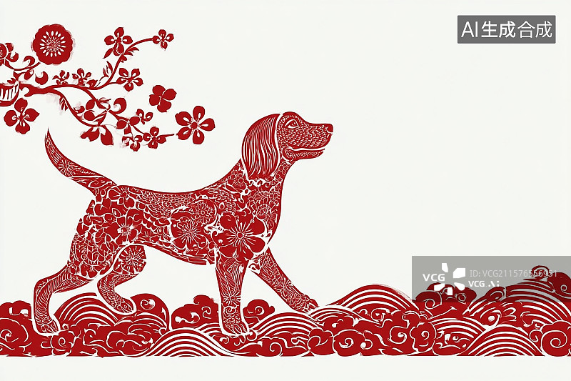 【AI数字艺术】传统剪纸手艺，一只可爱的小狗图片素材